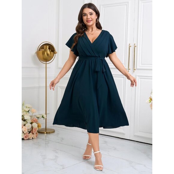 Plus Size Women’s Wedding Guest Dress Polyester V Neck Pleated A Line - Picture 5 of 7